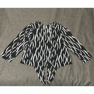 SUEANI Women's 2XL Blouse Black White Tie Front Abstract Print Long Sleeve